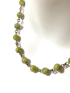 Genuine Fern Green Serpentine Short Necklace, Natural Gemstone & Bronze Links